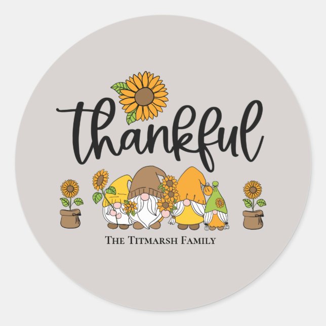 Thankful little sunflower gnome family classic round sticker (Front)