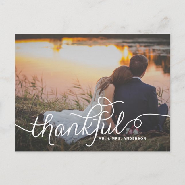 Thankful Lovely Script | Wedding Thank You Photo Postcard (Front)