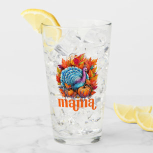 Thankful Mama Turkey and Autumn Leaves Foliage Glass
