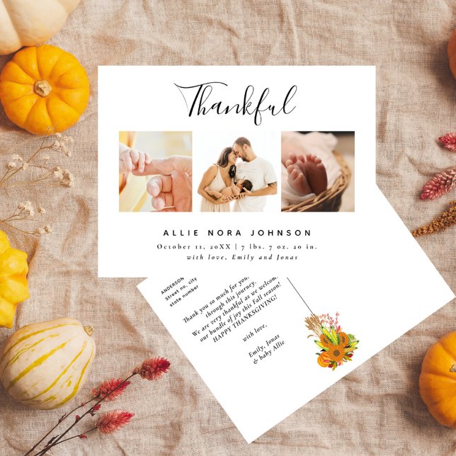 Thankful Minimal Photo Collage Fall Baby Thank You Holiday Postcard (Creator Uploaded)
