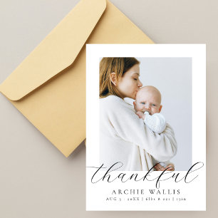 Thankful Minimalist Elegant Script Photo Baby Thank You Card