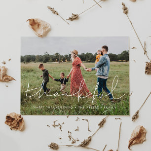 Thankful Minimalist Thanksgiving family photo Holiday Card