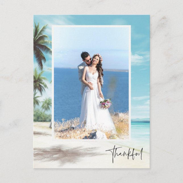 Thankful Modern Photo Beach Wedding Postcard (Front)