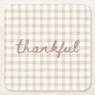 Thankful Neutral Tan Gingham Square Paper Coaster