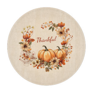 Thankful Pumpkin and Autumn Flowers Wreath Cutting Board