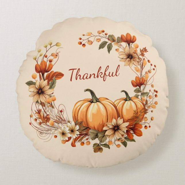 Thankful Pumpkin and Autumn Flowers Wreath Round Cushion (Front)