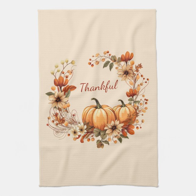 Thankful Pumpkin and Autumn Flowers Wreath Tea Towel (Vertical)