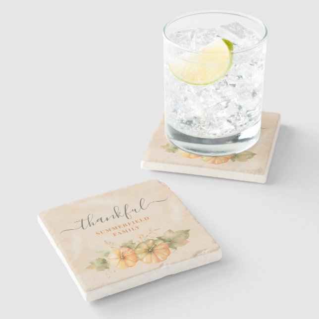 Thankful  Pumpkin Family Thanksgiving Dinner Stone Coaster (Side)
