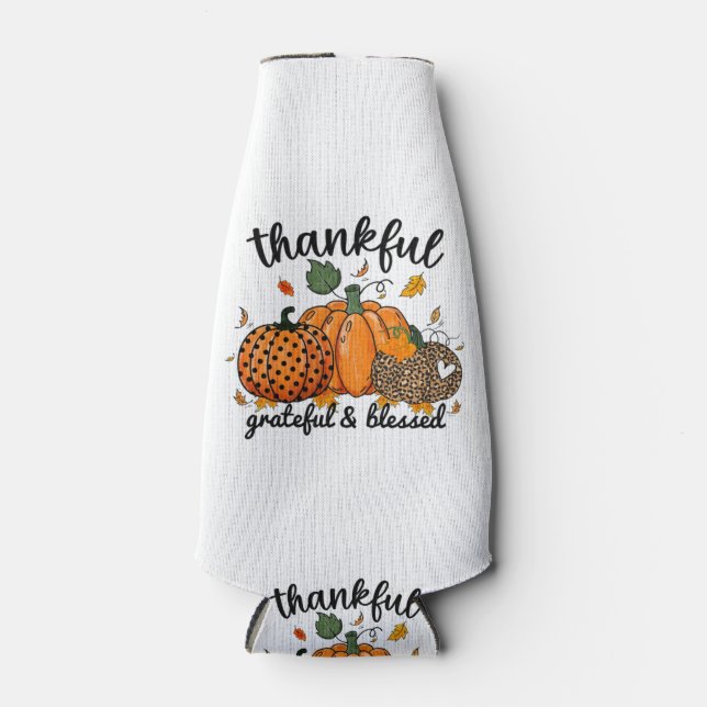 Thankful Pumpkin Grateful And Blessed  Bottle Cooler (Front)