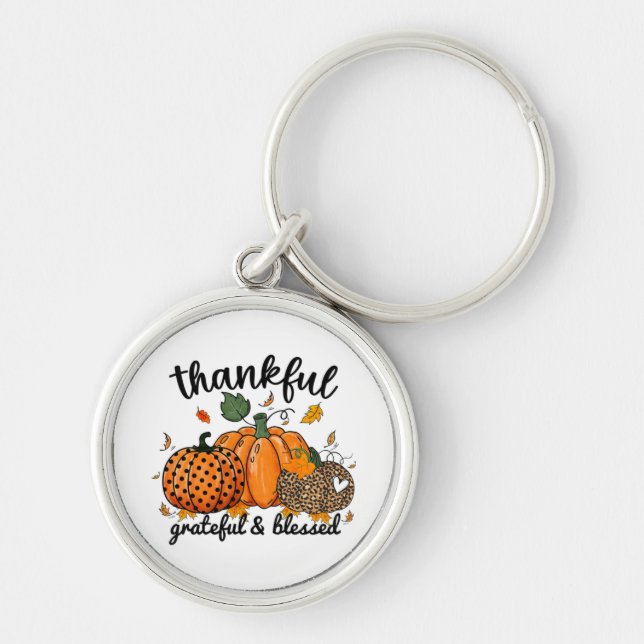 Thankful Pumpkin Grateful And Blessed  Key Ring (Front)