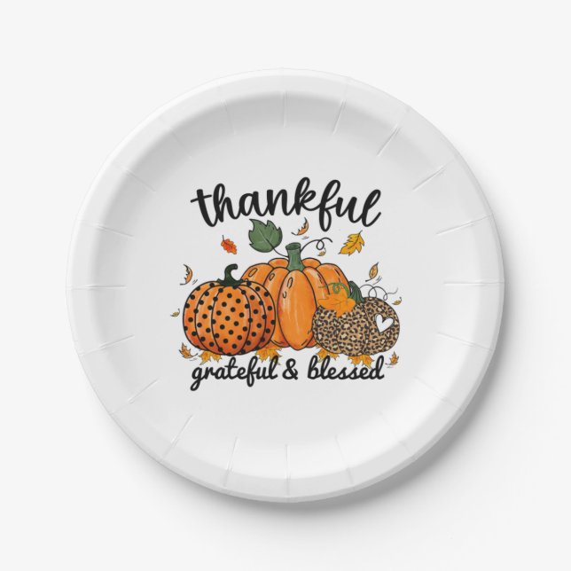 Thankful Pumpkin Grateful And Blessed  Paper Plate (Front)