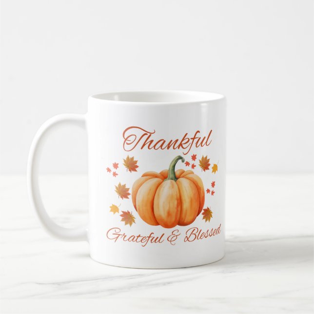 Thankful Pumpkin Grateful Blessed Fall Art Coffee Mug (Left)