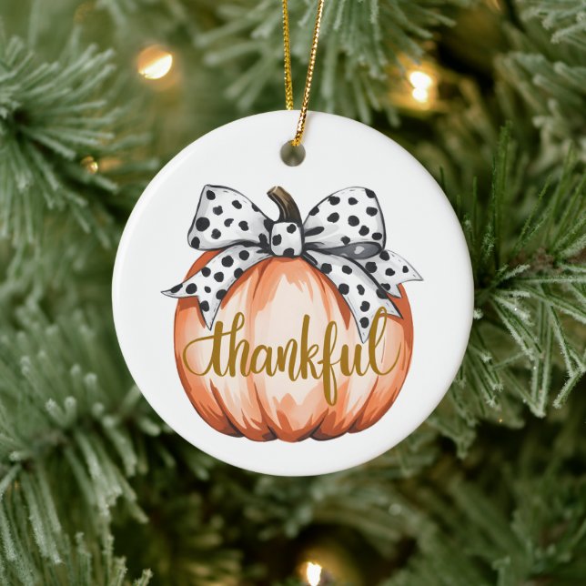 Thankful Pumpkin with Polka Dot Bow  Ceramic Tree Decoration (Tree)