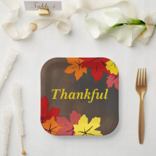 Thankful Red Orange Yellow Maple Tree Leaves Brown Paper Plate