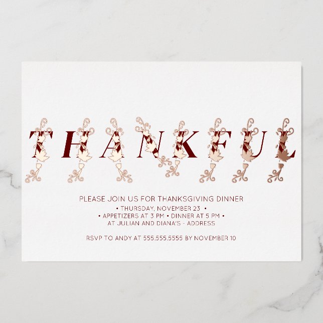 Thankful Rose Gold Fall Leaves Thanksgiving Dinner (Front)