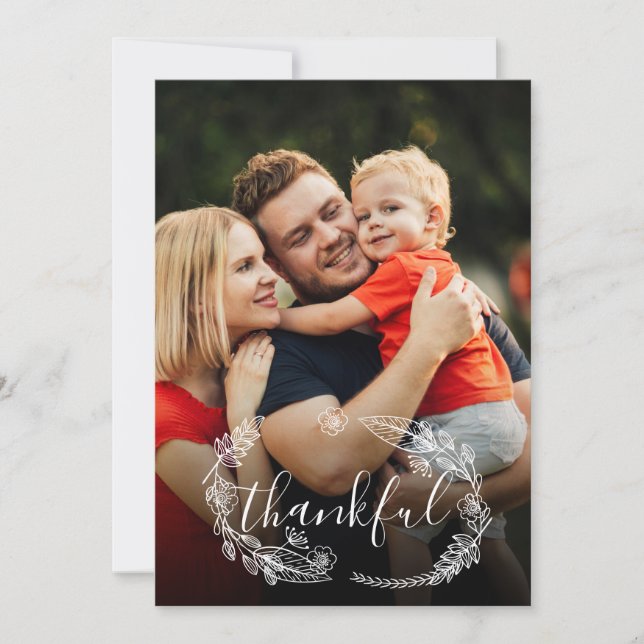 Thankful Rustic Floral Script Photo Thanksgiving Holiday Card (Front)