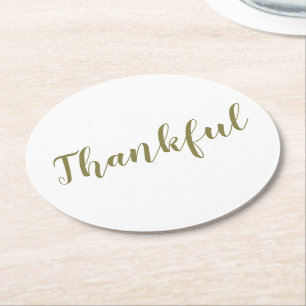 Thankful sage green modern script thanksgiving round paper coaster
