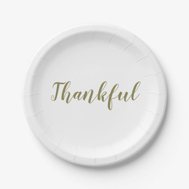 Thankful sage green white script cute thanksgiving paper plate (Front)