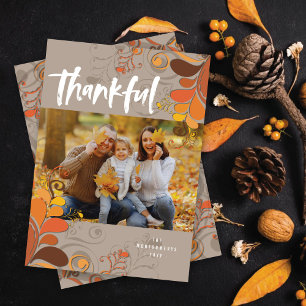 Thankful Script Art Deco Swirls Thanksgiving Photo Holiday Card