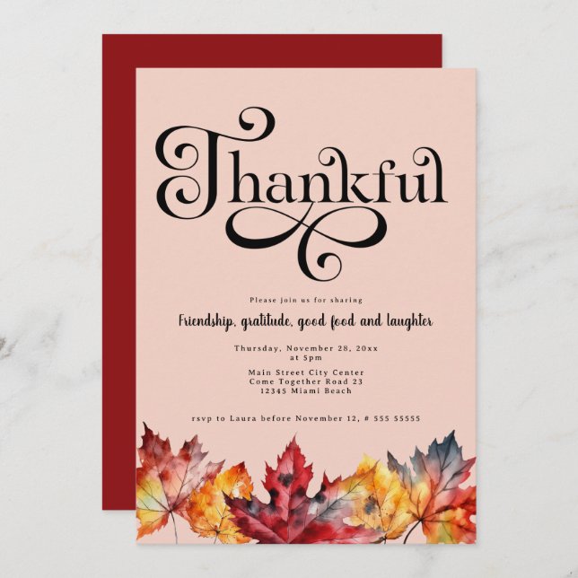 Thankful Script Watercolor leaves Blush red Invitation (Front/Back)