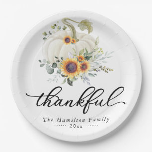 Thankful Sunflowers White Pumpkin Thanksgiving Paper Plate