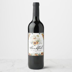 Thankful Sunflowers White Pumpkin Thanksgiving Wine Label