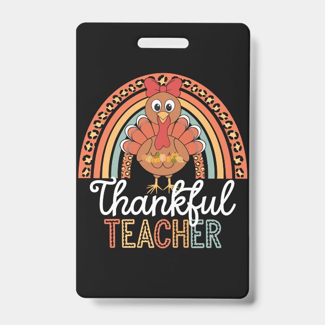 Thankful Teacher Blessed Thanksgiving School ID Badge (Front)