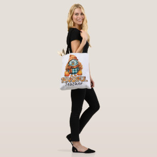Thankful Teacher –Owl with Pumpkins & Plaid Tote Bag