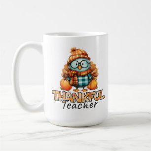 Thankful Teacher – Plaid Bird & Pumpkin Gratitude Coffee Mug