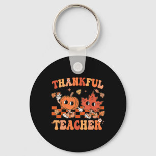 Thankful Teacher Retro Groovy Thanksgiving Fall Key Ring