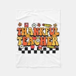 Thankful Teacher Retro Groovy Thanksgiving Fall Wo Fleece Blanket