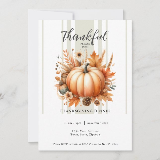 Thankful Thanksgiving Dinner Invitation (Front)