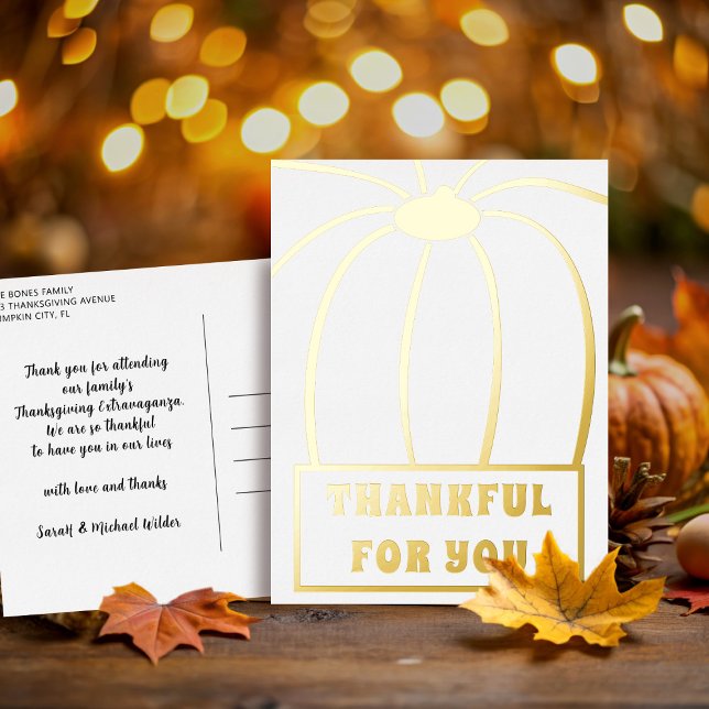 Thankful Thanksgiving Foil Holiday Postcard (Here's a modern pumpkin thank you foil postcard. I'm thankful for you! )