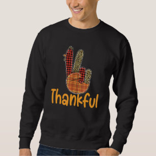 Thankful Turkey Hand Sign Peace Leopard Plaid Than Sweatshirt