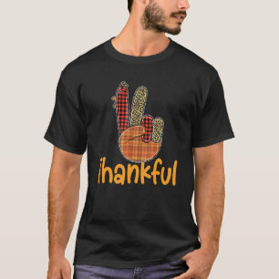 Thankful Turkey Hand Sign Peace Leopard Plaid Than T-Shirt