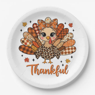 Thankful Turkey with Autumn Patchwork Feathers Paper Plate