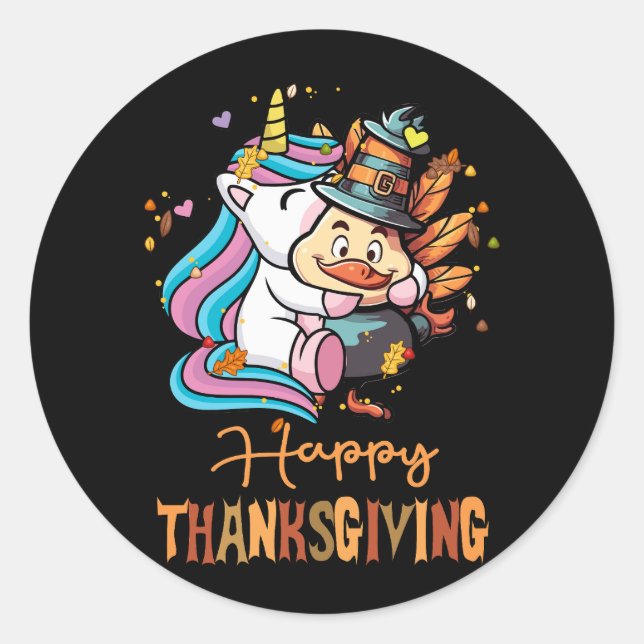 Thankful Unicorn Hugs Turkey Happy Thanksgiving Fr Classic Round Sticker (Front)