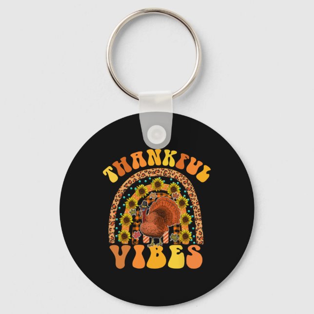 THANKFUL VIBES Rainbow Turkey Fall Retro Groovy Th Key Ring (Front)