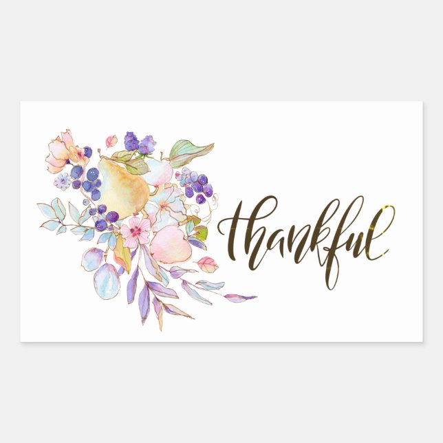 Thankful Watercolor Floral Thanksgiving Rectangular Sticker (Front)