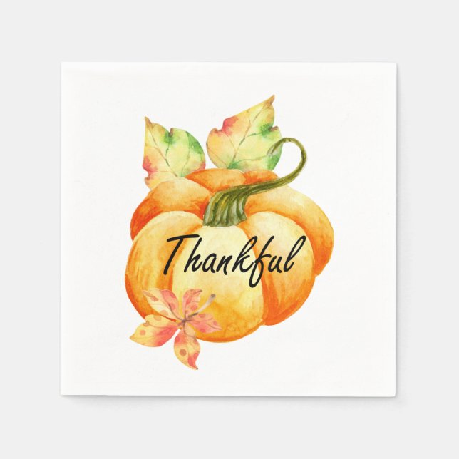 Thankful Watercolor Pumpkin Thanksgiving Napkin (Front)