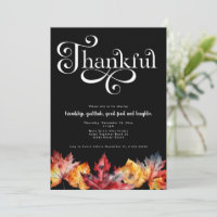 Thankful White Script Watercolor leaves Black