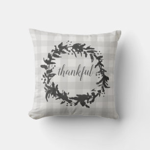 Thankful Wreath Script Check Print Throw Pillow