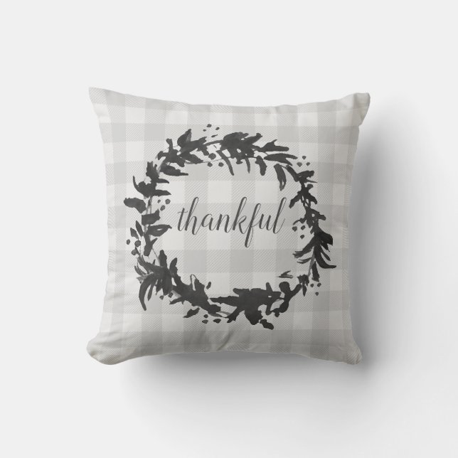 Thankful Wreath Script Check Print Throw Pillow (Front)