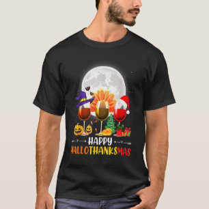 Thankgiving Halloween Wine Glass Happy Hallothanks T-Shirt
