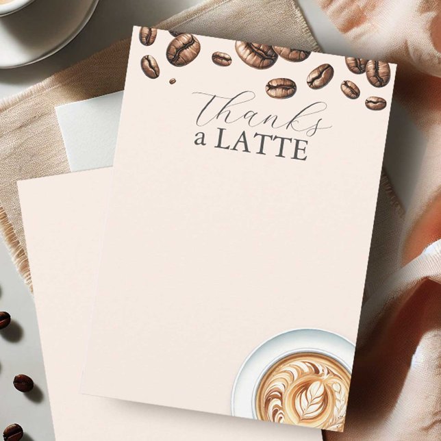 Thanks A Latte Coffee Lover Notecards (Coffee themed bridal shower thank you note cards with a latte and top boarder of coffee beans)