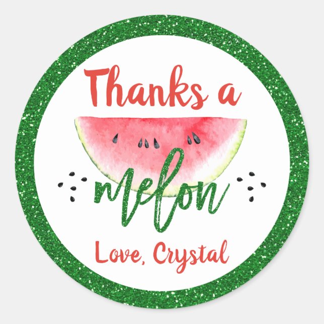 Thanks a Melon Glitter Watermelon Thank You Classic Round Sticker (Front)