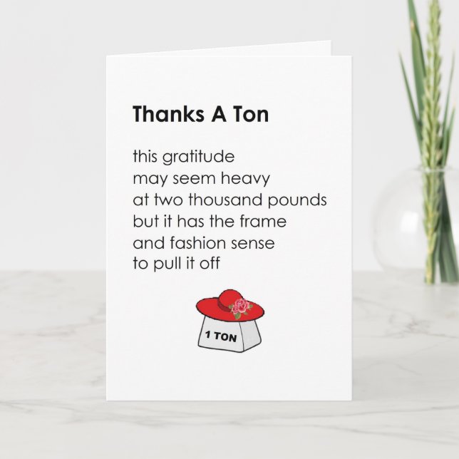 Thanks A Tonne - a funny thank you poem Card (Front)