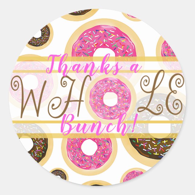 Thanks a Whole Bunch Pink & Brown Doughnuts Party Classic Round Sticker (Front)