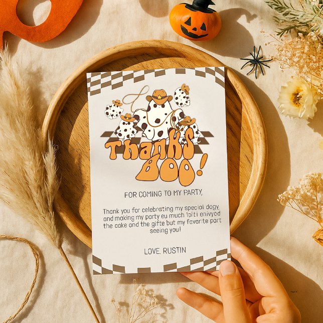 Thanks Boo Cowboy Halloween Chequered Pattern Thank You Card (Creator Uploaded)