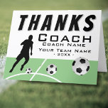 Thanks Coach Soccer Player Big Thank you Card<br><div class="desc">Thanks Coach Soccer Player Extra Size Thank you Card. Black soccer player in action silhouette,  the soccer balls on the playfield. Thank you card for a soccer coach,  soccer mum,  soccer dad,  kids high school sports coach, ...  Personalise with coach name,  team and year and thank your sports coach.</div>